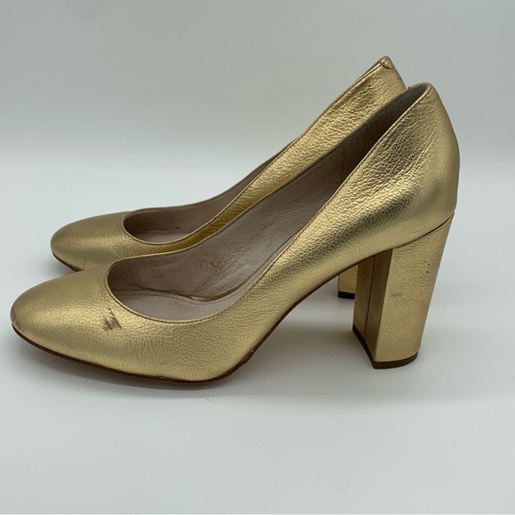Louise et Cie Leather Metallic Gold Stacked Block Heel Pumps Size US 8.5 EU 38.5 - Picture 5 of 10